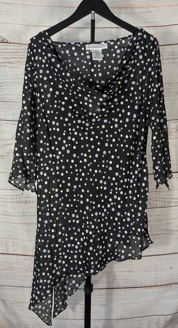 Jessica Howard Blouse Sz 12 Black Purple Polka Dot Y2K 2000s Chiffon Layered Top